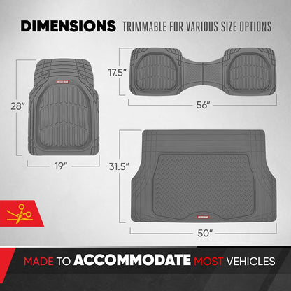Motor Trend FlexTough 4-Piece Heavy Duty Floor Mats for Cars Trucks SUVs, Automotive Floor Mats Car Mats Full Set Front, Rear & Cargo, Trim-To-Fit Semi-Custom Deep Dish All Weather Rubber Mats - Black