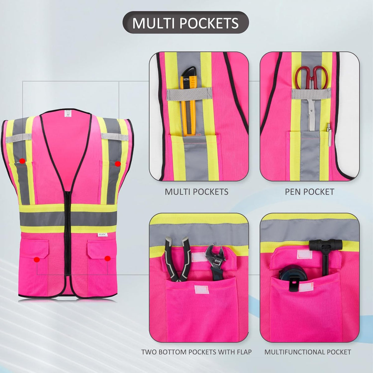 High Visibility Reflective Safety Vest with Zipper and Pockets Orange,M