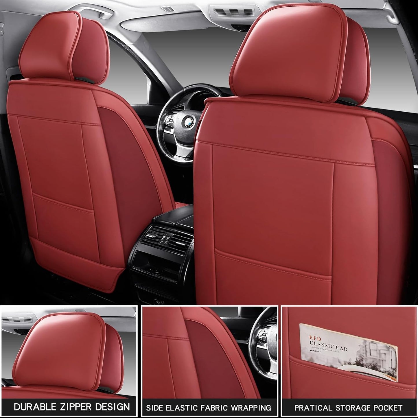 MINGBRON Car Seat Cover Full Set, Leather Car Seat Cover, Waterproof Seat Covers, Car Seat Cushion, Nappa Leather Seat Covers Car Seat Protector Universal Fit Most Cars Black