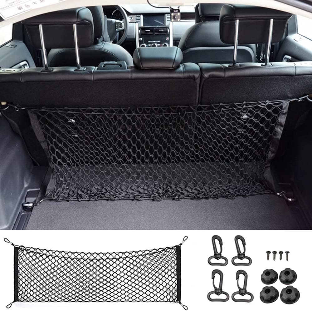 Car Rear Cargo Net, Universal Adjustable Elastic Trunk Cargo Storage Organizer Net Compatible for SUV, Jeep, Truck, Storage Nylon Mesh Double-Layer with Hooks (35.4 x 15.7 Inch)