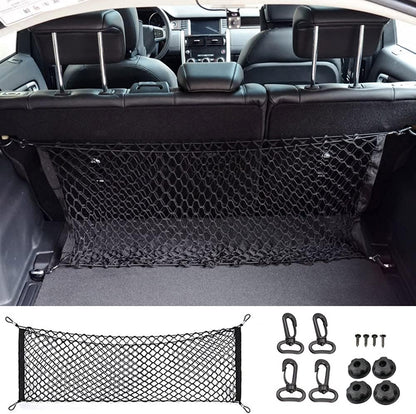 Car Rear Cargo Net, Universal Adjustable Elastic Trunk Cargo Storage Organizer Net Compatible for SUV, Jeep, Truck, Storage Nylon Mesh Double-Layer with Hooks (35.4 x 15.7 Inch)