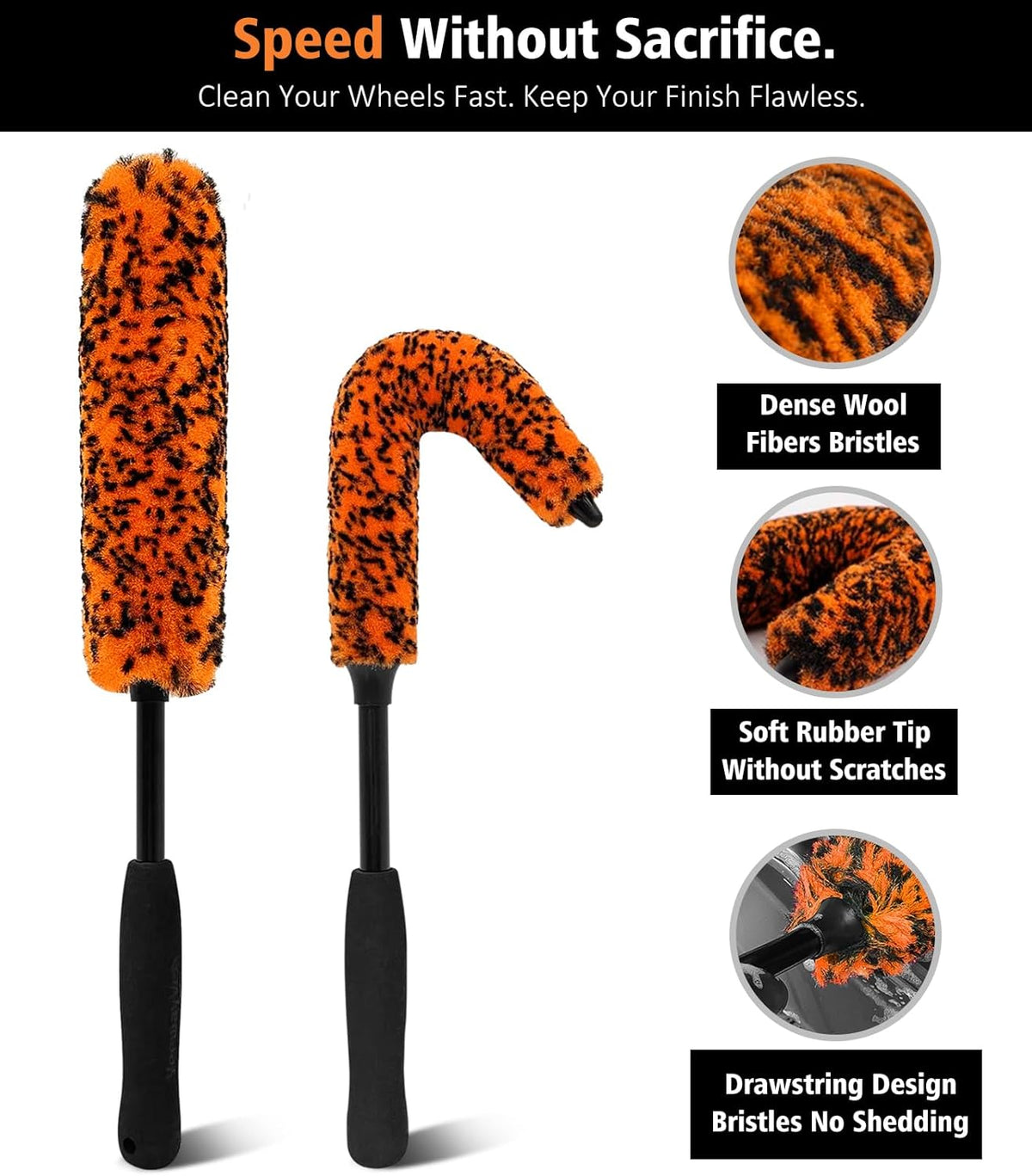 YeewayVeh 3PCS Quick Car Wheel Brush Kit, 2-Size 360° Bendale Rim Cleaner Brushes, Boars Hair Detailing Brush, Fast Scratch-Free Cleaning for Car Wheels, Motorcycle, Orange