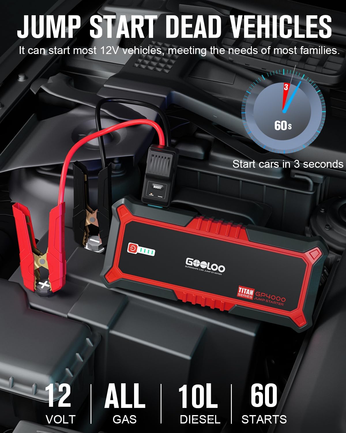 GOOLOO GP4000 Jump Starter 4000A Peak Car Starter (All Gas,up to 10.0L Diesel Engine) SuperSafe 12V Lithium Jump Box,Auto Battery Booster Pack,Portable Power Pack with USB Quick Charge and Type C Port