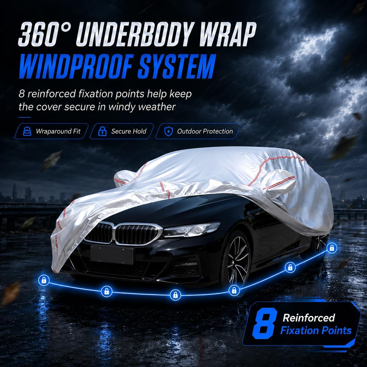 Car Cover for Sedan, Waterproof All Weather Heavy Duty, 360° Underbody Wrap Windproof Design, Quick Install Outdoor Vehicle Cover, Fits 186-193 in