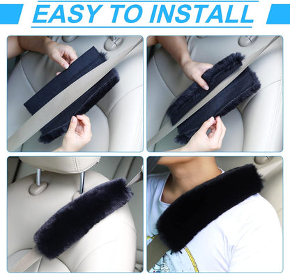 Boao 4 Pack Faux Sheepskin Car Seat Belt Pads Seatbelt Protector Soft Seat Belt Shoulder Strap Cover Comfort Harness Pad(Black, 9.9 Inch)
