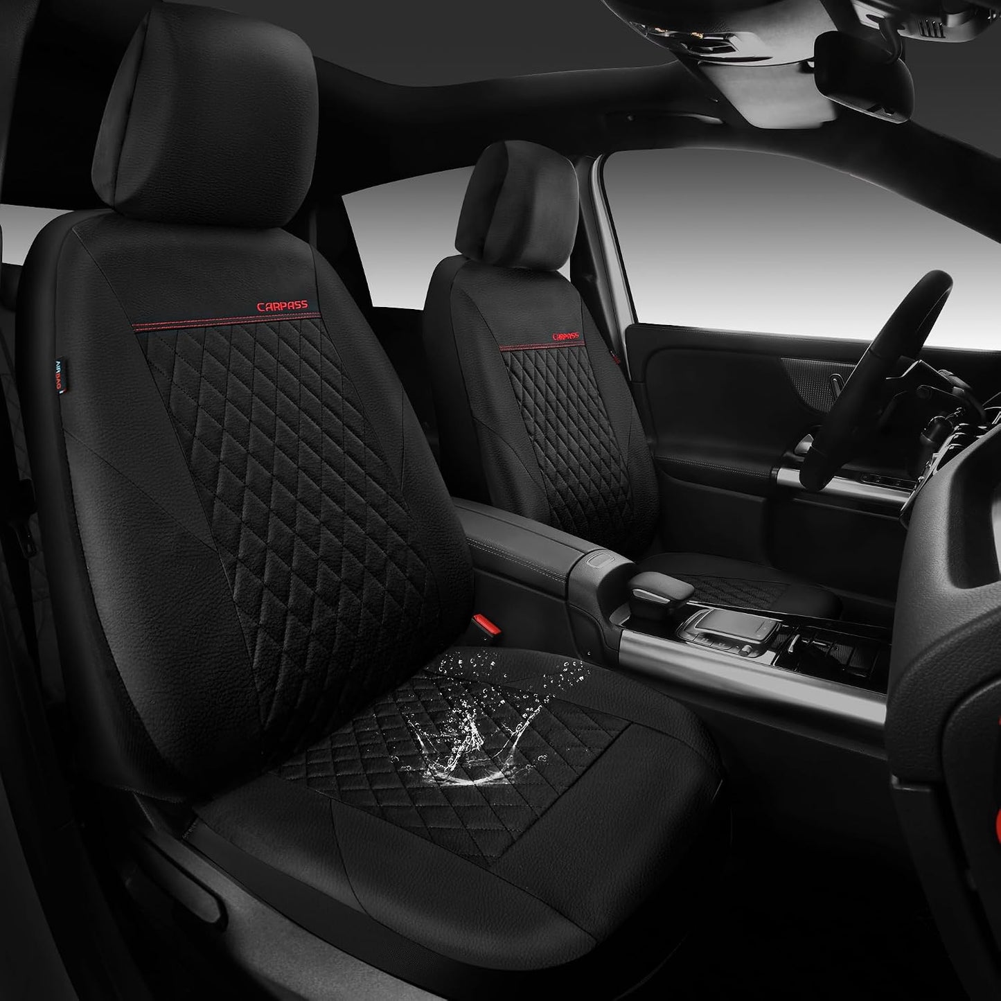 CAR PASS Quilting Leather Seat Cover Two Front Seats Only, Universal Fit Automotive Front Seat Covers Waterproof Deluxe PU Premium Vinyl Luxury for Cars Sedan Van SUV Airbag Compatible 2 Pieces,Black
