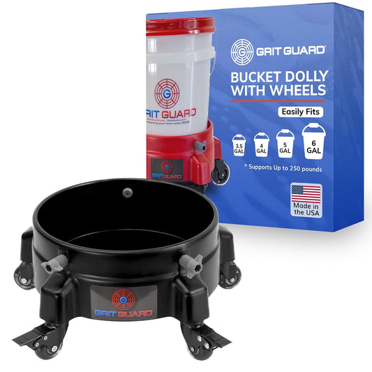 GRIT GUARD Bucket Dolly with Wheels - Rolling Detailing Wash Bucket with 5 Wheels and 2 Locking Casters Compatible with 2.5, 4, 5 and 6 Gallon Buckets (Red, 2" Roller Bearing) - Made in the USA
