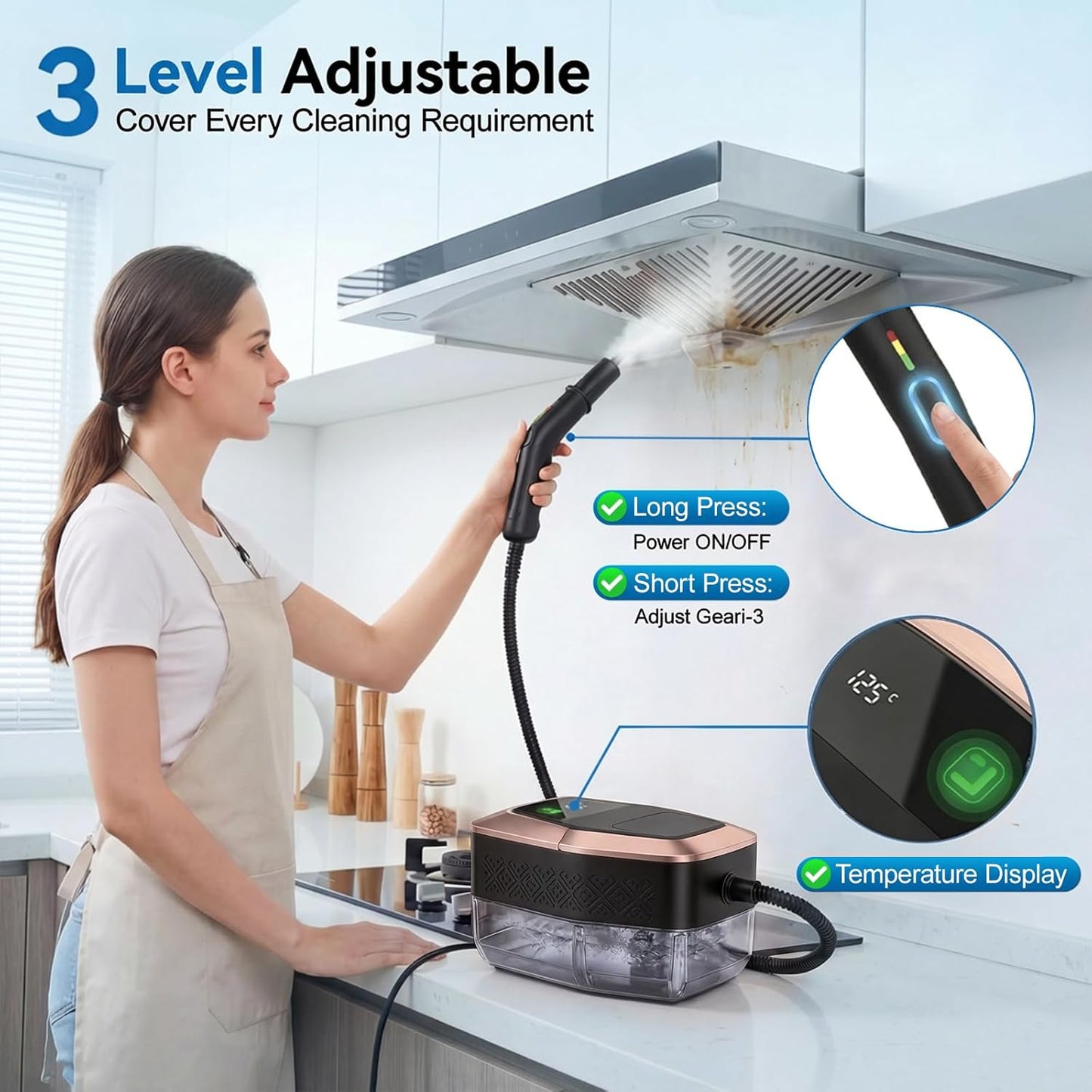 Steam Cleaner, 15s Heat-Up, 1.9QT Tank, 3Level Adjustable Handle, with 16PCS Accessories, Portable Steamer for Cleaning, Steam Cleaner for Home, Car Detailing, Dirt, Grease, Grout, Tile （blackgold）