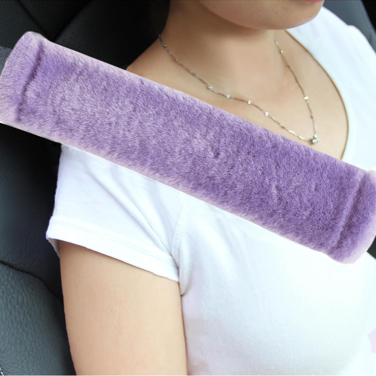 Amooca Soft Faux Fur Universal Fit Seatbelt Cover Car Truck SUV Airplane Seat Belt Shoulder Pad for Carmera Backpack Straps Neck Cushion Protector 2 Pack 10.5in Dark Gray