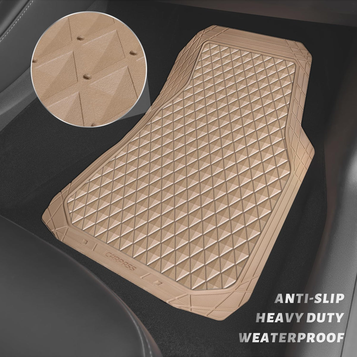 CAR PASS Black Rubber Car Mats, All-Weather Floor Mats Full Set Durable Anti-Slip 3D Rhombus Waterproof Automotive Pad Trim to Fit Liner Universal Fit for Sedan SUV Truck Van, 4 Pcs All Black Rubber
