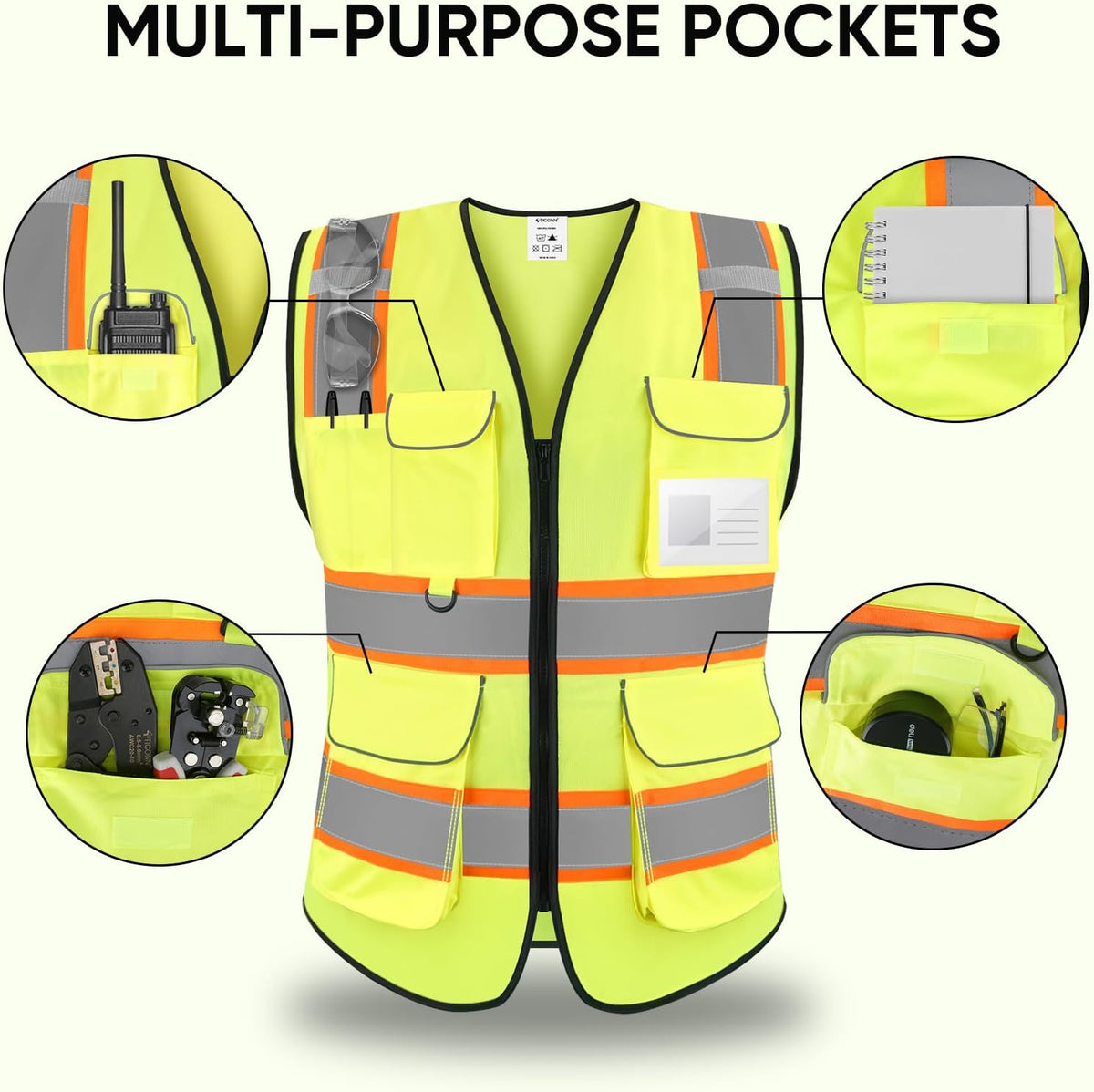TICONN Reflective Safety Vest High Visibility Class II Mesh Vest for Women & Men Meets ANSI Standards