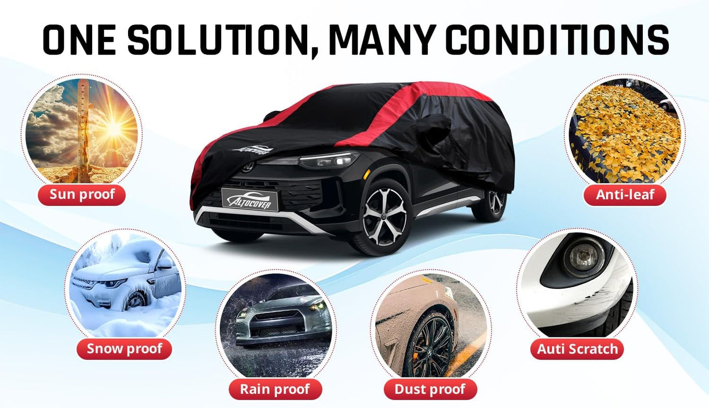 Car Cover Waterproof All Weather Protection with Red Stripe Design, Universal Fit Toyota Camry Solara, Ford Fusion, Kia Stinger Optima, Nissan Maxima, VW Passat, Subaru Legcy