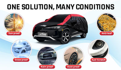 Car Cover Waterproof All Weather Protection with Red Stripe Design, Universal Fit Toyota Camry Solara, Ford Fusion, Kia Stinger Optima, Nissan Maxima, VW Passat, Subaru Legcy