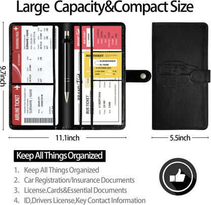 Car Registration and Insurance Card Holder with Magnetic Closure, Leather Vehicle Glove Box Automobile Documents Paperwork Wallet Case Organizer for ID, Driver's License, Key Contact Information Cards