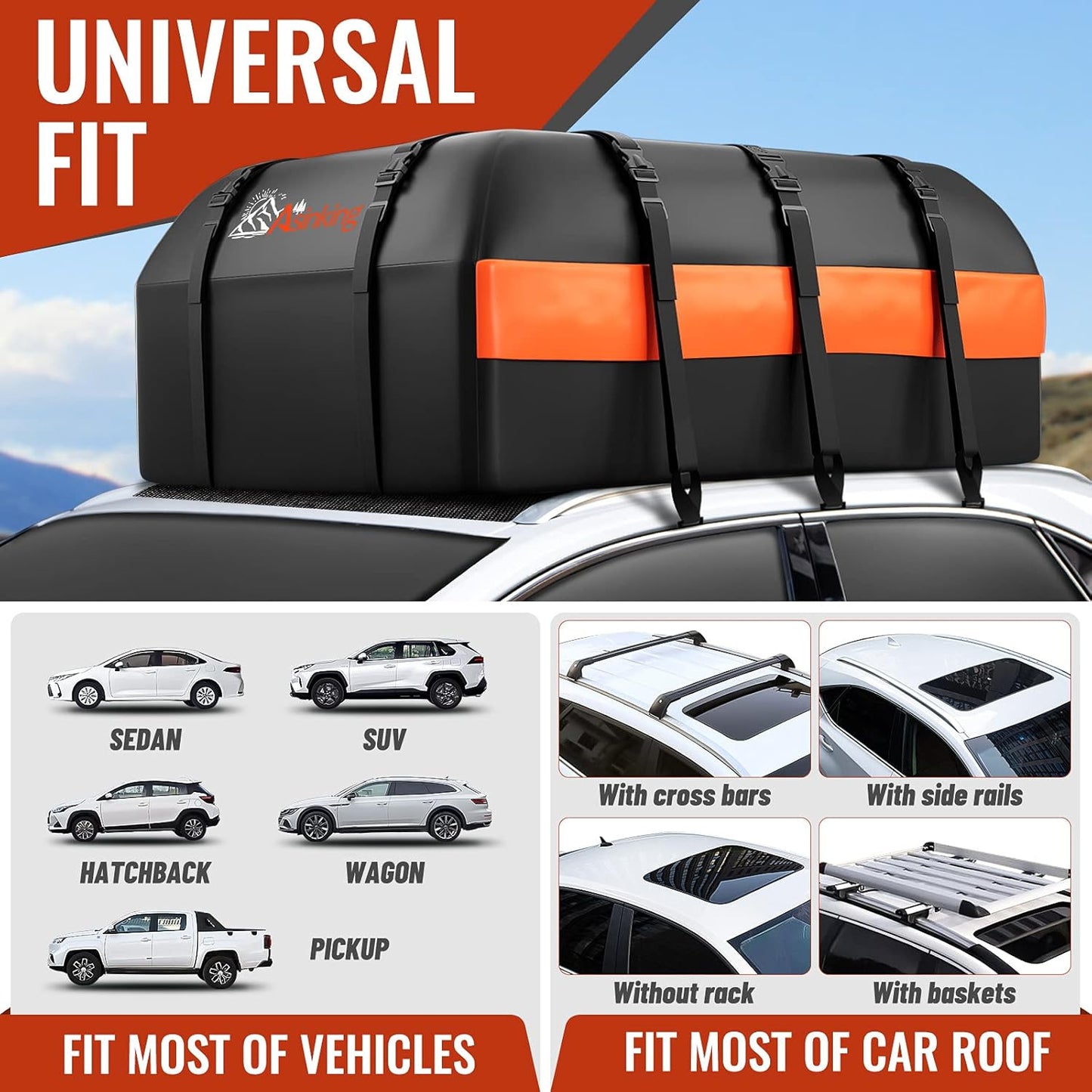 Car Rooftop Cargo Carrier Bag, 21 Cubic Feet 100% Waterproof Heavy Duty 840D Car Roof Bag for All Vehicle with/Without Racks - Anti-Slip Mat, 6 Door Hooks, Storage Bags, 2 Extra Straps, Luggage Lock