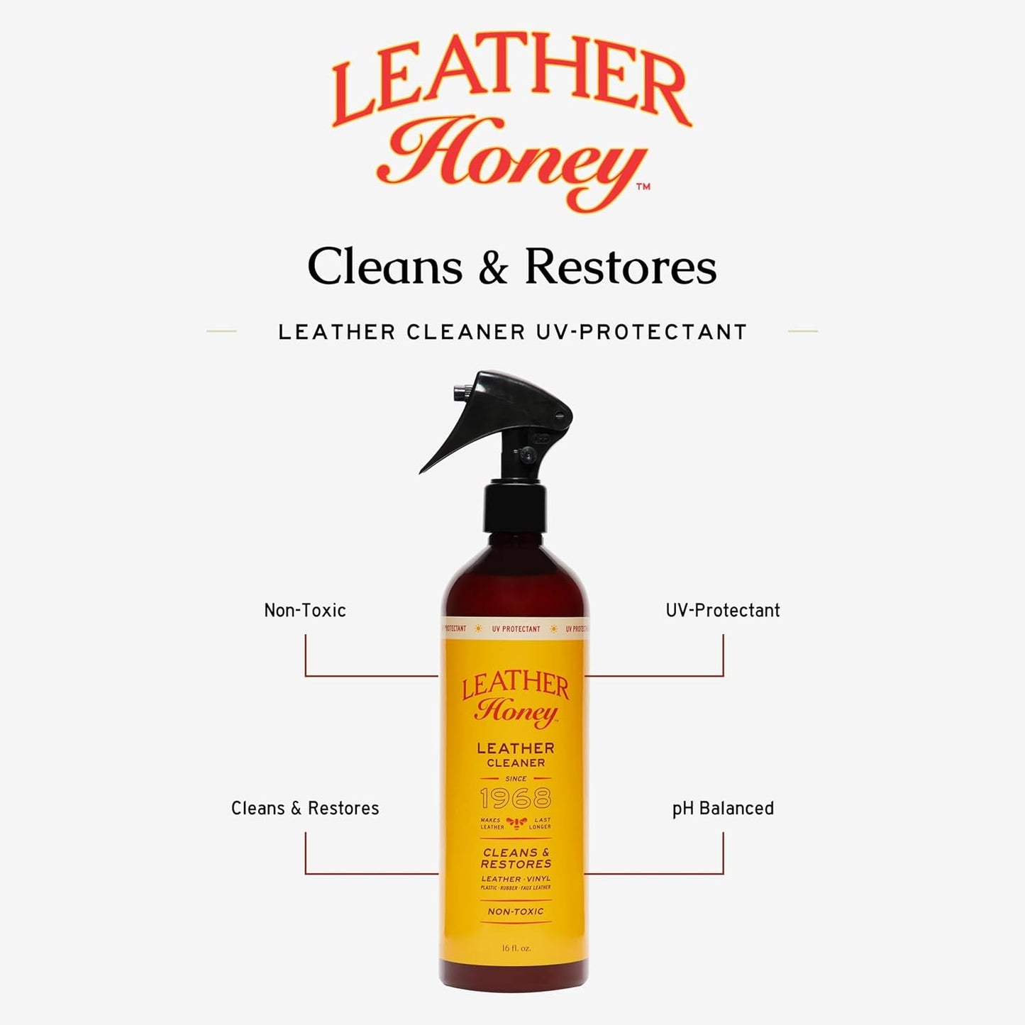 Leather Honey Leather Cleaner: Non-Toxic Leather Care Made in the USA Since 1968. Deep Cleans Leather, Faux & Vinyl - Couches, Car Seats, Purses, Tack, Shoes & Bags. Safe Any Colors & White Leather