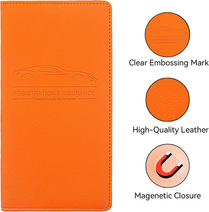 Car Registration and Insurance Holder, Premium Pu Leather Vehicle Glove Box Organizer - for Driver License, Cards & Essential Documents (L-Orange)