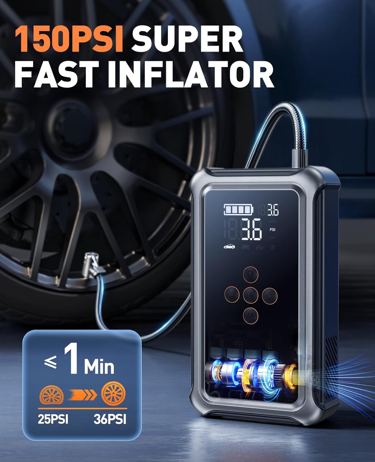Car Battery Jump Starter with Air Compressor 6000A 150PSI, Car Jumper Starter Portable (All Gas/10L Diesel), Jump Box Car Battery with Auto-Shutoff Tire Inflator, Jumper Cables and Light