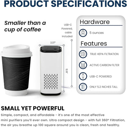 A1 2021 Mini HEPA USB-C Powered Air Purifier. Ultra Portable (5.2in tall, 6.7 ounces), Ultra Quiet. for Travel, In-Car and Desktop (White)