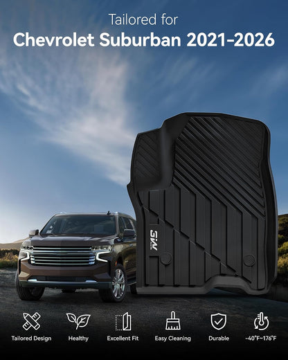 3W Floor Mats & Cargo Liner Fit for 2021 2022 2023 2024 2025 2026 Chevy Tahoe/GMC Yukon/Cadillac Escalade 7 Seat, TPE All Weather Custom Fit Car Accessories Heavy Duty Rubber Full Set Trunk Mats - Colors A