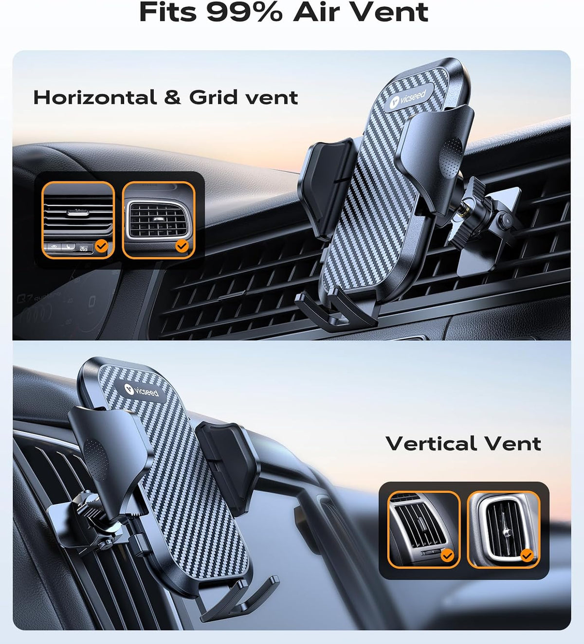 VICSEED 2026 Upgrade Ultra Stable Car Phone Holder Mount [Never Fall Off & Won't Break] Universal Air Vent Phone Mount for Car Easy Clamp Phone Holders for Your Car for iPhone 17 Pro Max 16 15 14 13