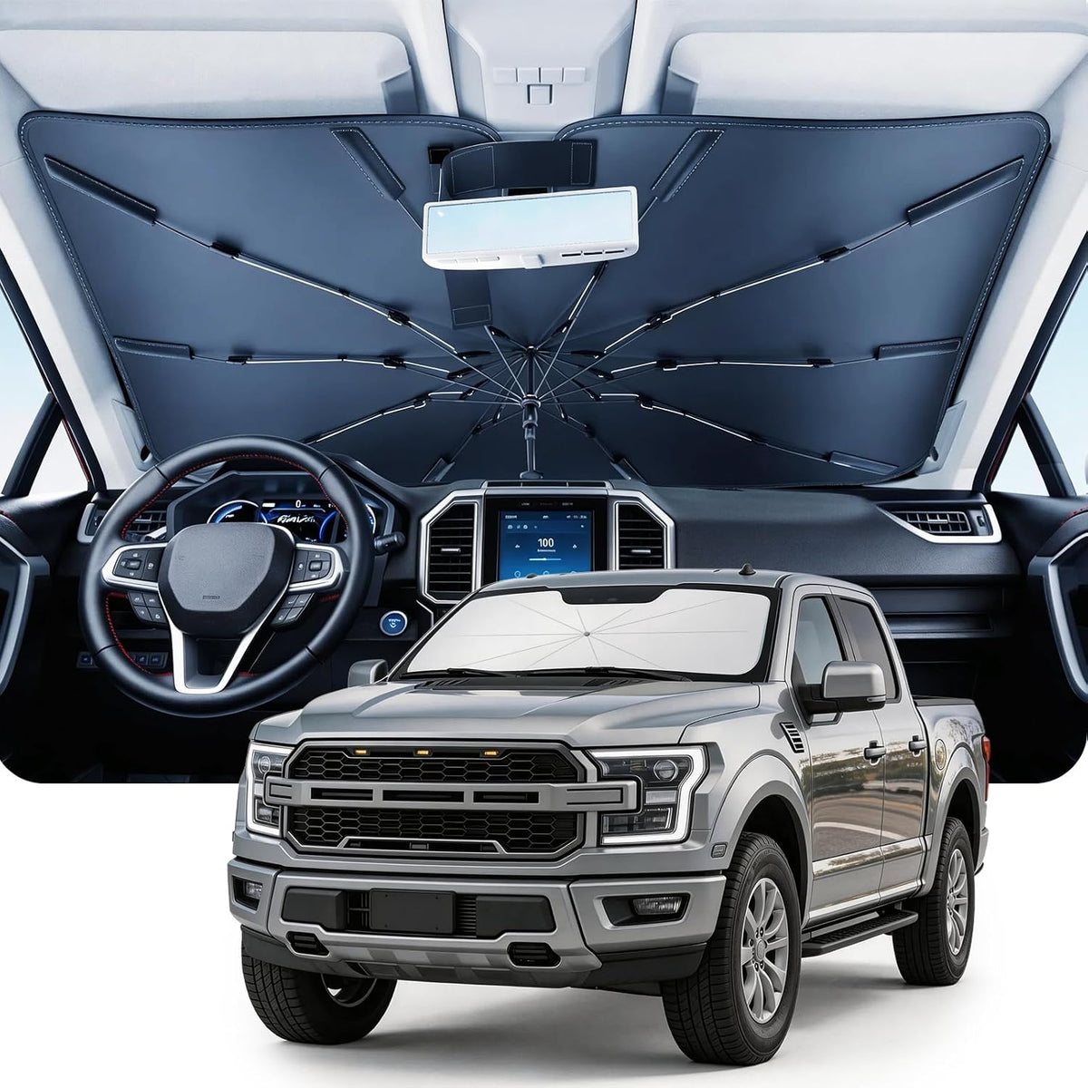 DMJN Umbrella Windshield Sun Shade - Medium, Car Sunshade for Front Windshield [Nano Ice-Crystal Coatings] UPF50+ Heat & UV Block, Protect Interior & Keep Cooler Universal for Car, SUV, Truck