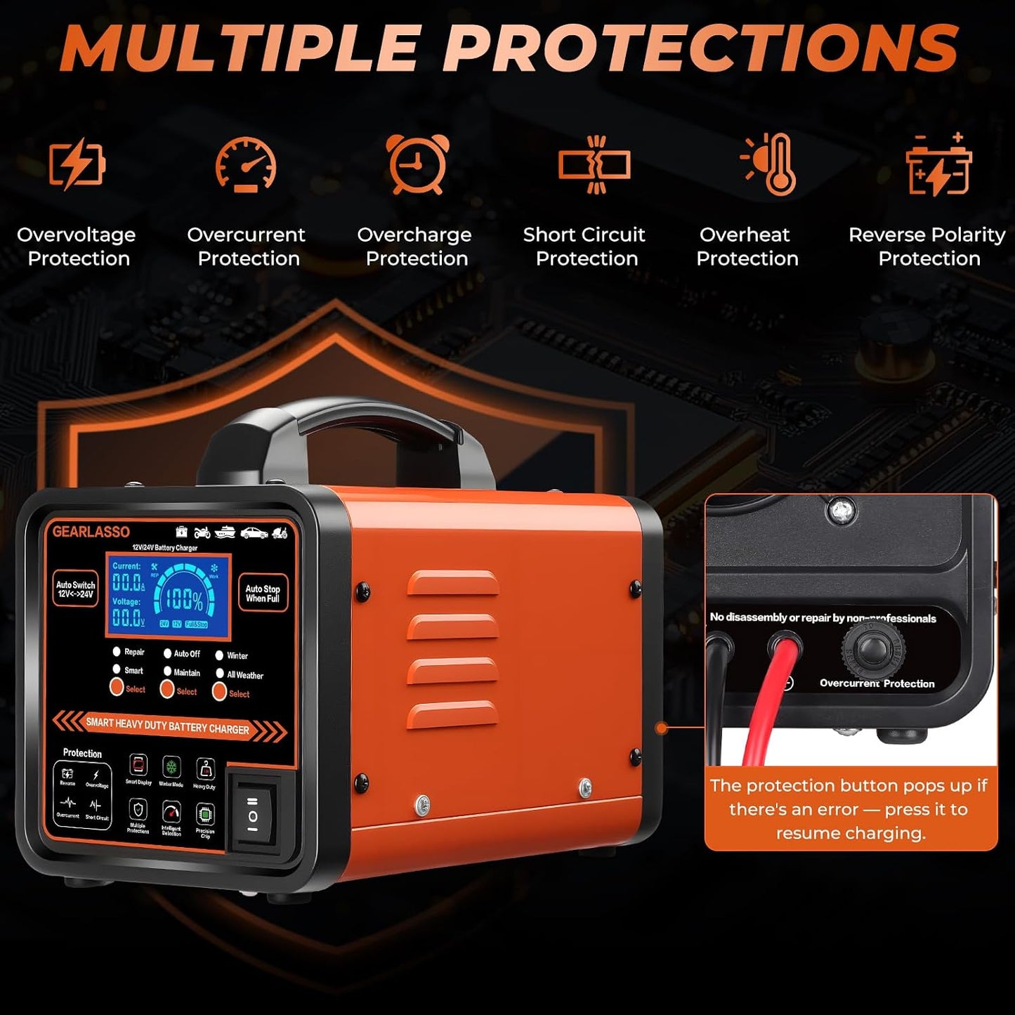 12V 24V Car Battery Charger Heavy Duty, 0-15A Automatic Battery Maintainer with Auto Shutoffs, Repair and Winter Mode, Smart Trickle Charger for Car Truck Motorcycle RV AGM Deep Cycle