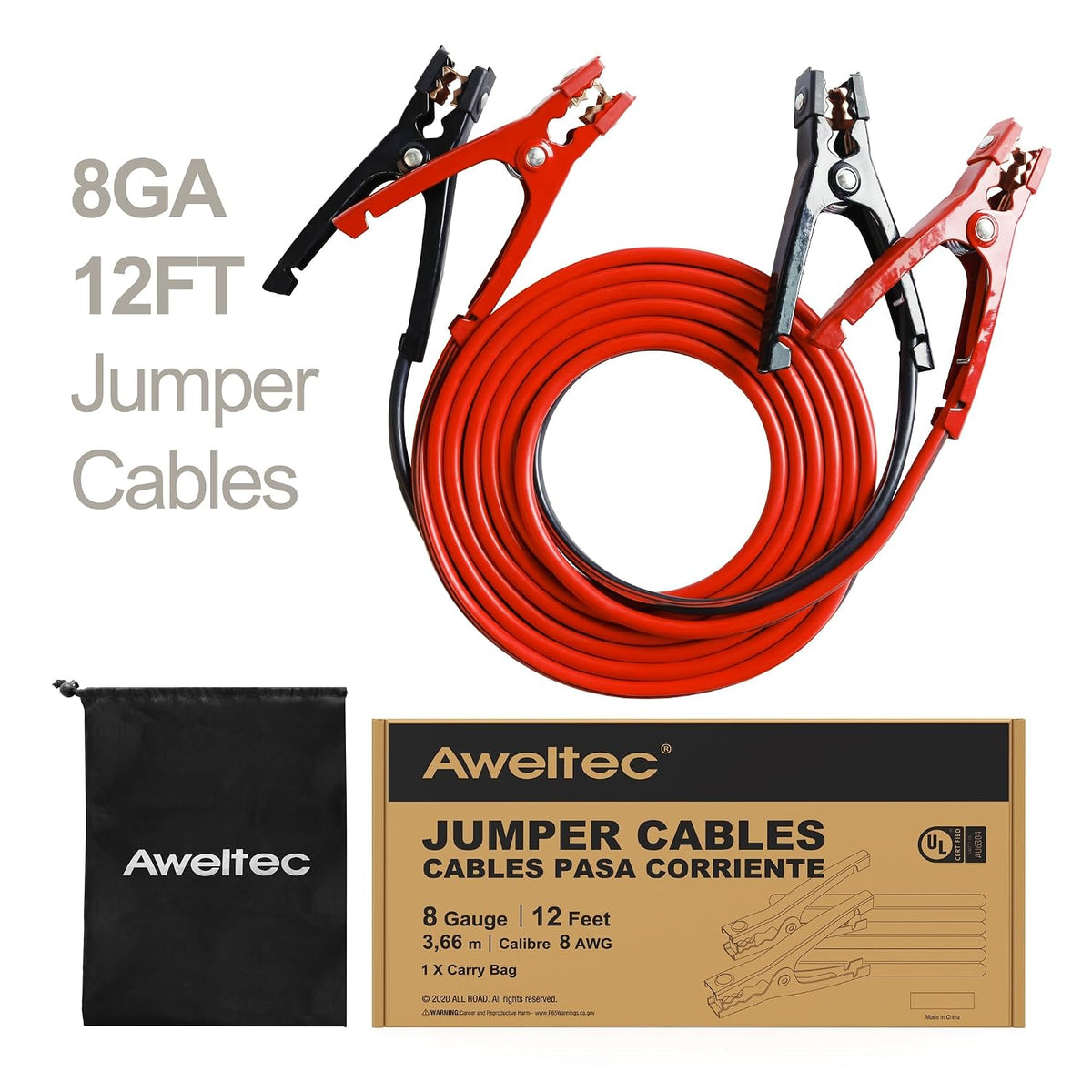 Jumper Cables for Car,8 Gauge 12 Feet Heavy Duty Booster Cable,Quick Connect Automotive Wires with Alligator Clamps,Carrying Bag for Cars Trucks
