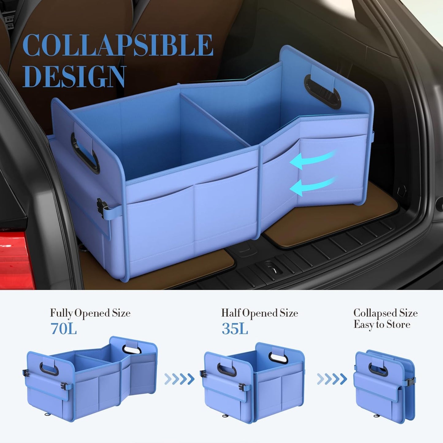 titiyiof Trunk Organizer For Suv & Sedan,Car Organizers and Storage, Waterproof Collapsible & Adjustable Straps,Sturdy Car Organization for Car Accessories, Tools,Food，Sundries,2-3 Compartment（Beige）