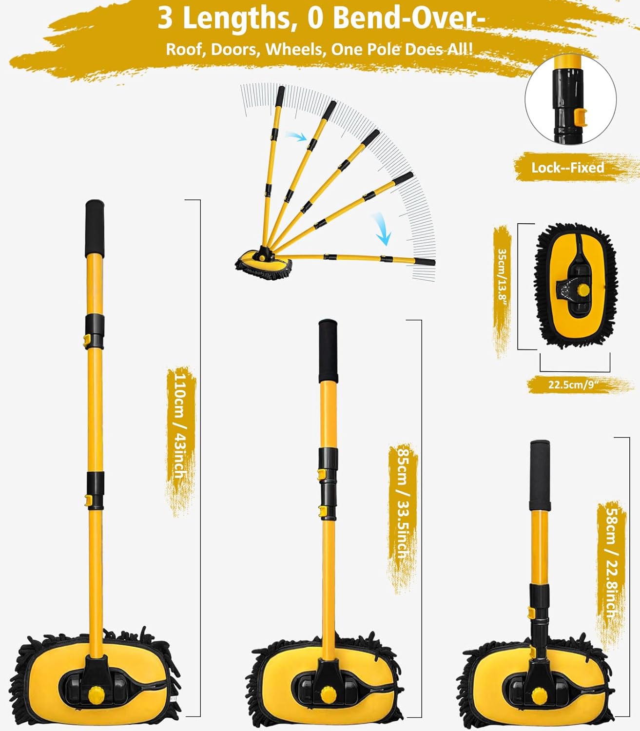 YeewayVeh Car Wash Brush with Long Handle, Microfiber Car Wash Mop with Replaceable Chenille Brush Head, Soft Cleaning Brush with 15° Curved Extension Pole Car Wash Kit for RV Truck Camper, Yellow