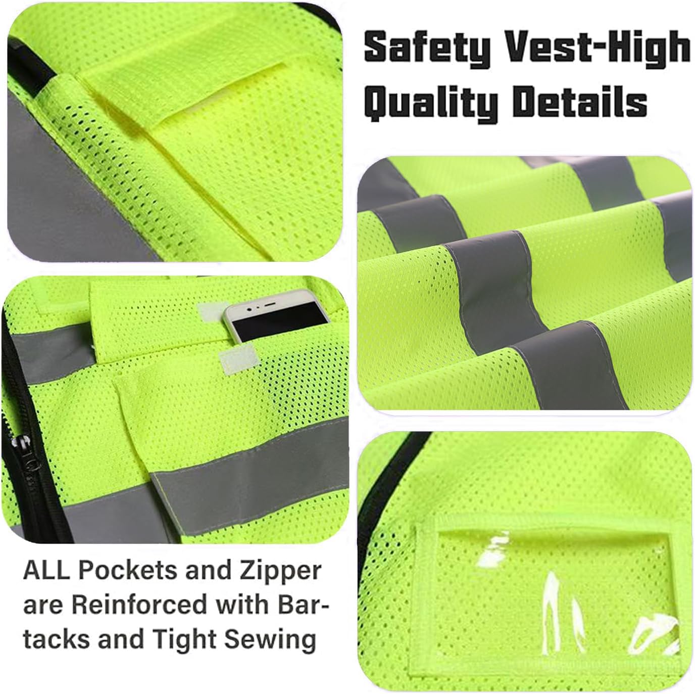 Reflective Mesh Safety Vest, Breathable Hi Vis Vest Construction Work with 5 Pockets and Zipper for Men Women