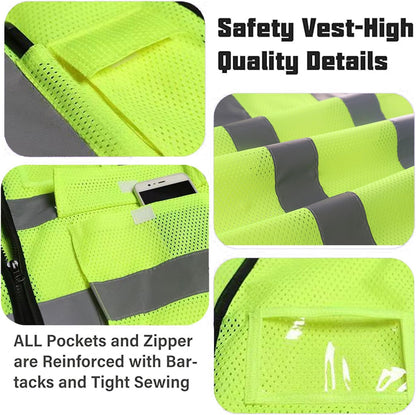 Reflective Mesh Safety Vest, Breathable Hi Vis Vest Construction Work with 5 Pockets and Zipper for Men Women