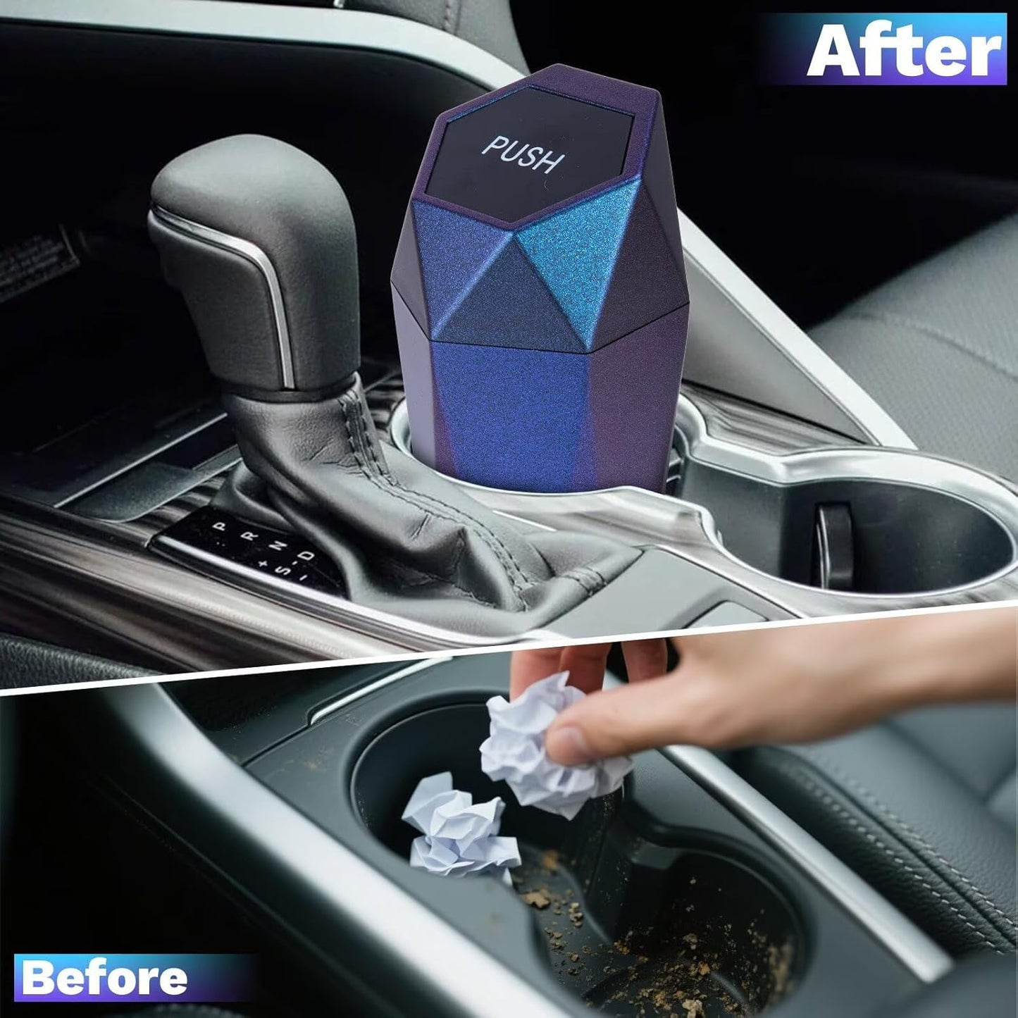 BFXM Car Trash Can, Car Trash Bin with Lid, Car Accessories for Women Interior, Car Garbage Can with Additional 2 ABS Hooks and 60pcs Trash Bags, Suitable for Home, Office, Car Organizer, Black