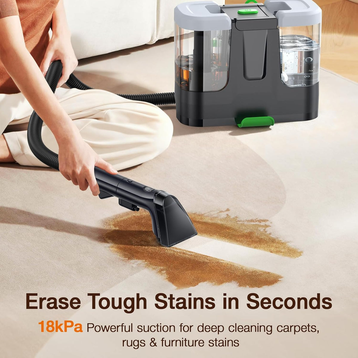 Portable Carpet & Upholstery Cleaner, 18Kpa Carpet Cleaner Machine for Deep Stain Removal, Spot Cleaner for Pet Accidents, Area Rugs, Stairs, Car Upholstery & Couches, Includes Tools & Self-Cleaning