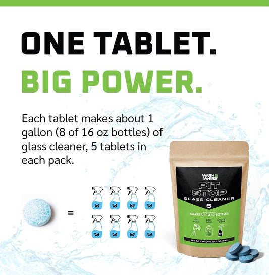 WASH&WHIPS Glass Cleaner Effervescent Tablets w/Empty 16 oz Spray Bottle (Makes 5 Gal/20L/ 40 Bottles)