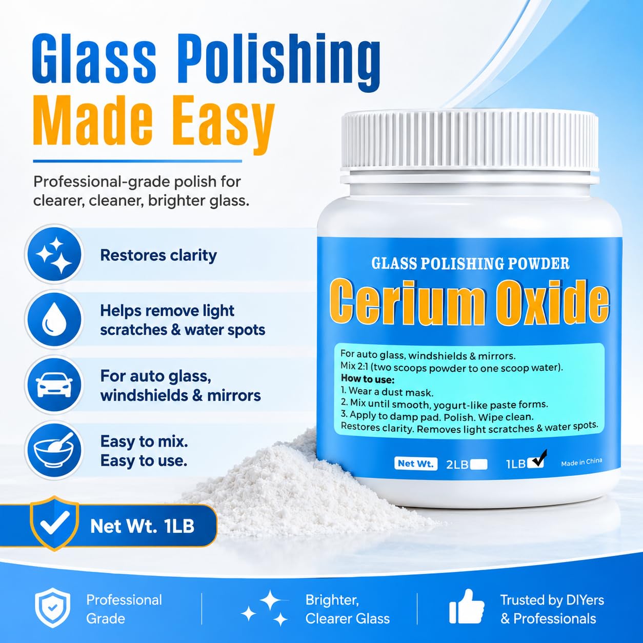 Cerium Oxide Glass Polishing Powder (1 lb) – 99% Pure White 1 Micron Glass Polish Compound for Windshield & Car Window Scratch Repair, Removes Wiper Marks & Water Spots