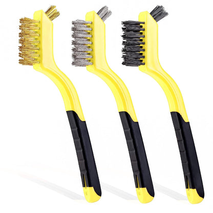 Lavaxon Wire Brush Set 3Pcs - Nylon/Brass/Stainless Steel Bristles with Curved Handle Grip for Rust, Dirt & Paint Scrubbing with Deep Cleaning – 7 Inches (Red)