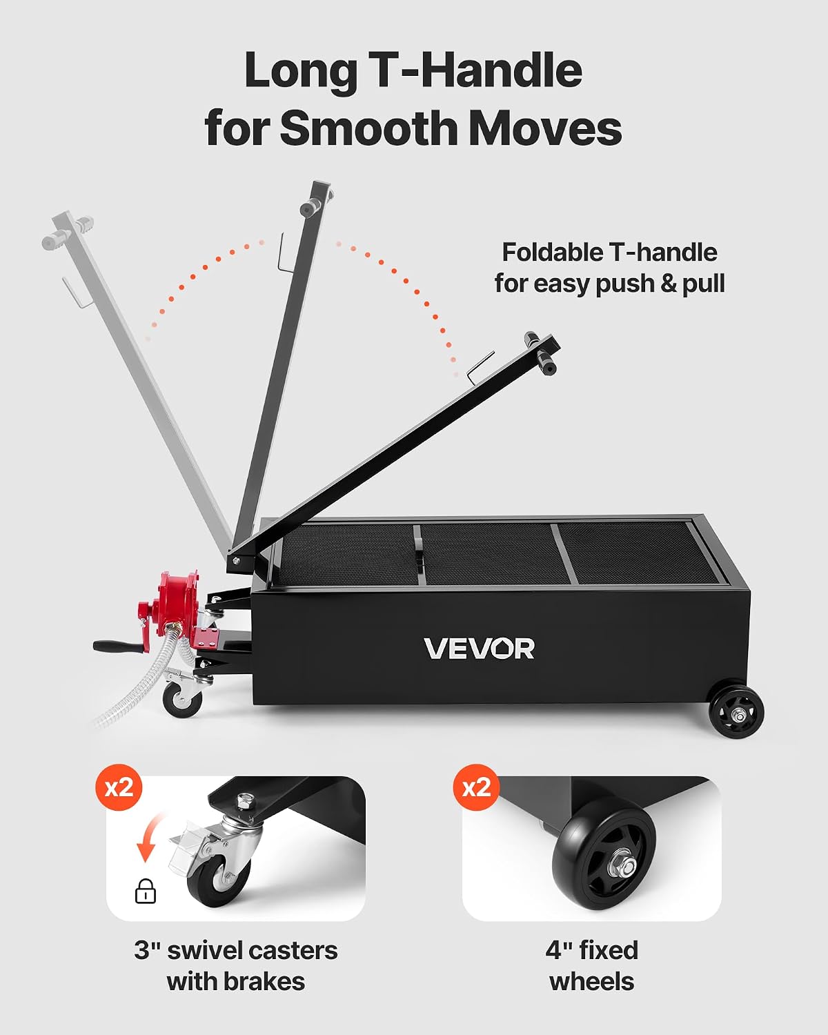 VEVOR Low Profile Oil Drain Pan, 20 Gallon Capacity, Rolling Oil Drain Pan with Manual Pump, 7.2 ft Hose & T Folding Handle, Leak-Proof & Corrosion-Resistant, Fit for Cars, SUVs, Trucks, ATVs, Red