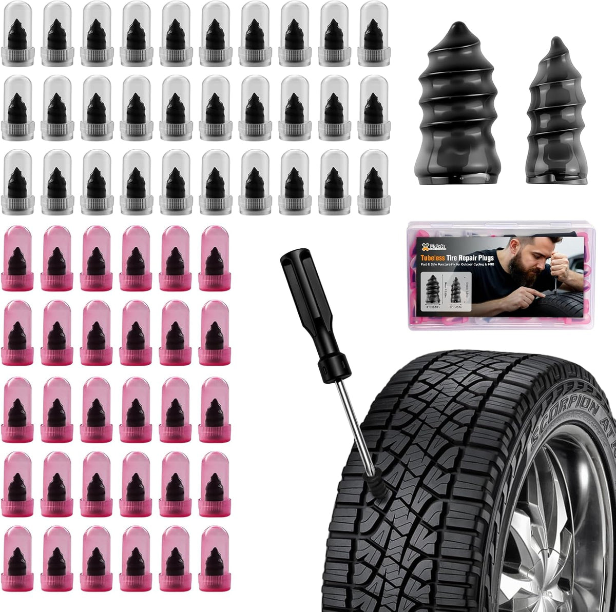 60 PCS Tire Plug Repair Kit with Screw Type Tire Plugs - Professional Grade Tire Repair Kit Screw Plugs for Car, Truck, Motorcycle & Bicycle Flat Tire Emergency Repair Tools, Includes Screwdriver