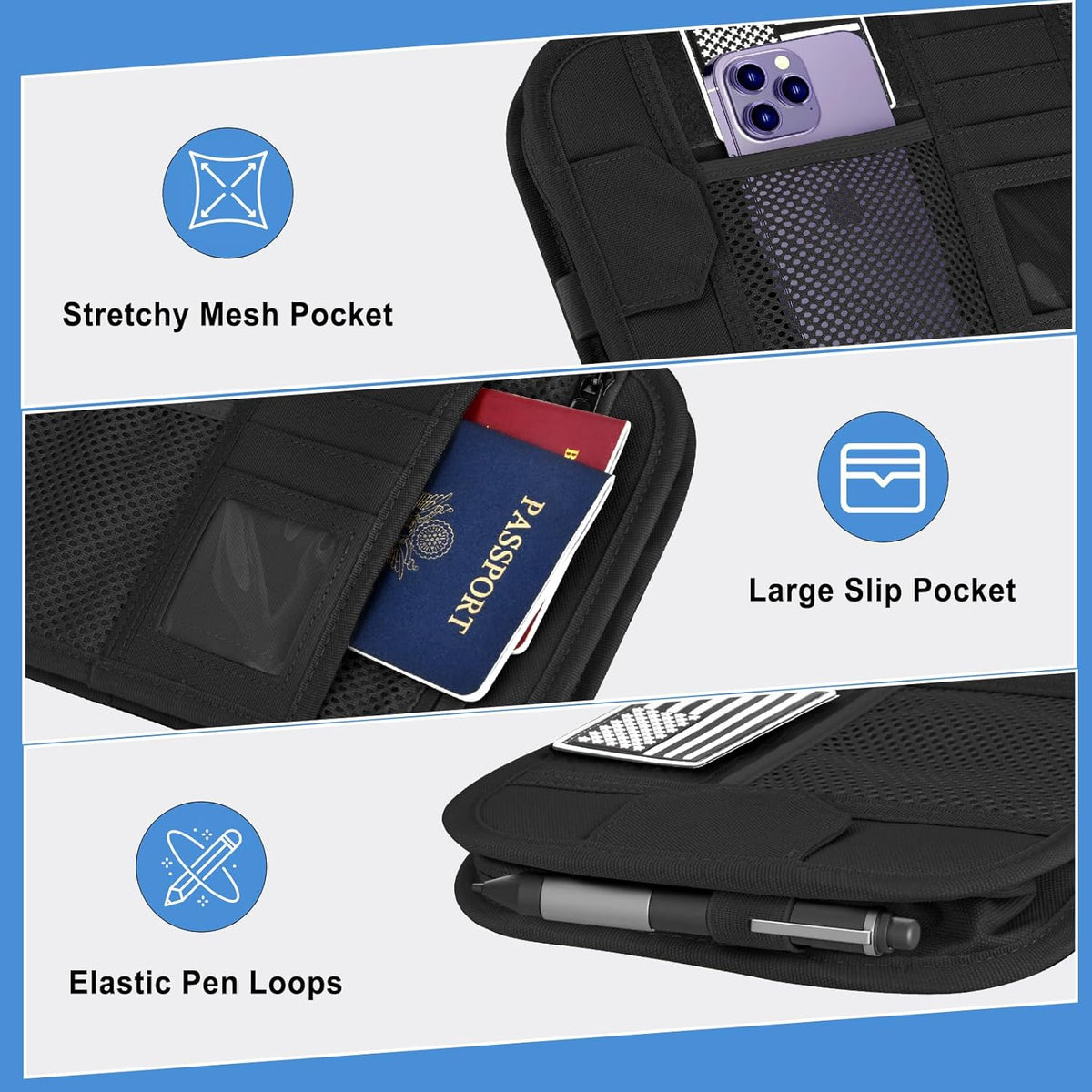 HUANLANG Car Sun Visor Organizer, Tactical Car Accessories with Zipper Storage Pouch, Glasses Clip Card Sleeve Pocket, Multi-Pocket Visor Organizer Fits Most Cars, SUVs, Trucks