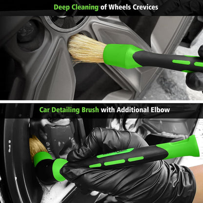 YeewayVeh 3PCS Quick Car Wheel Brush Kit, 2-Size 360° Bendale Rim Cleaner Brushes, Boars Hair Detailing Brush, Fast Scratch-Free Cleaning for Car Wheels, Motorcycle, Green