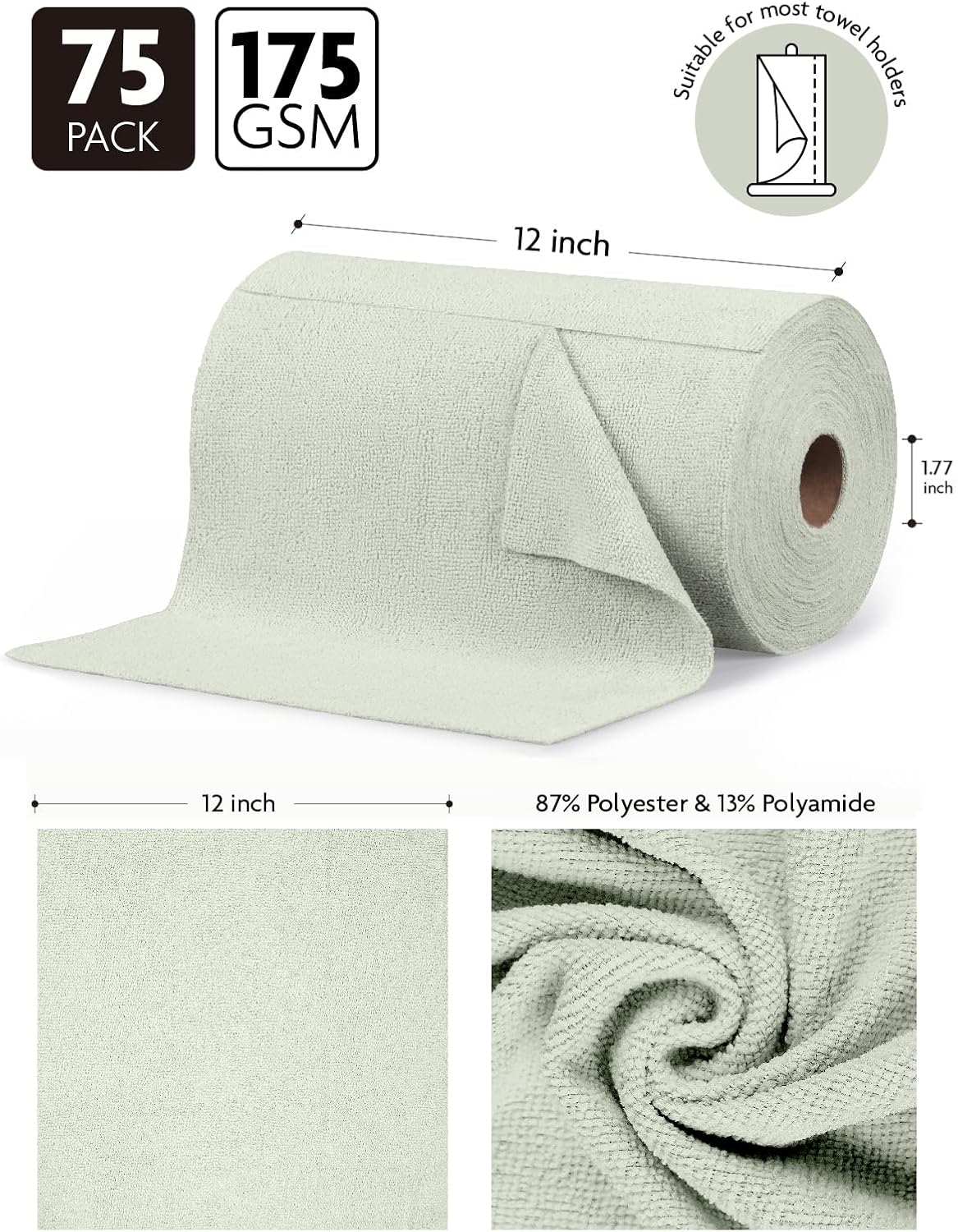 Fantasticlean Microfiber Cleaning Cloth Roll -75 Pack, Tear Away Microfiber Towels, 12" x 12", Reusable, Washable, Scratch Free, Ultra Absorbent for All-Around Cleaning Supplies (DimGray)