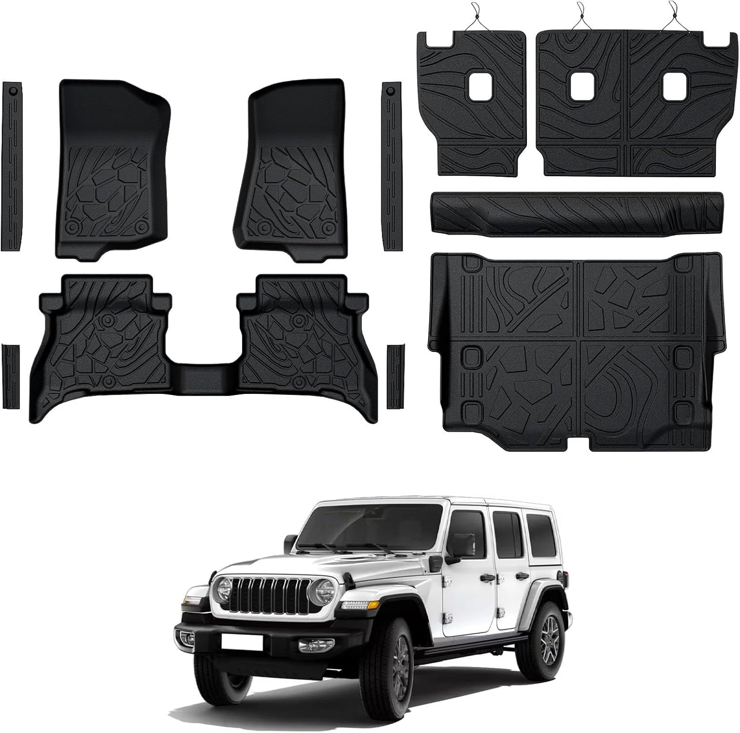 Floor Mats for Jeep Cherokee 2019-2023, All Weather Floor Mats Trunk Cargo Liner with Backrest Protectors and Door Sill Guards Accessories, Full Coverage Set