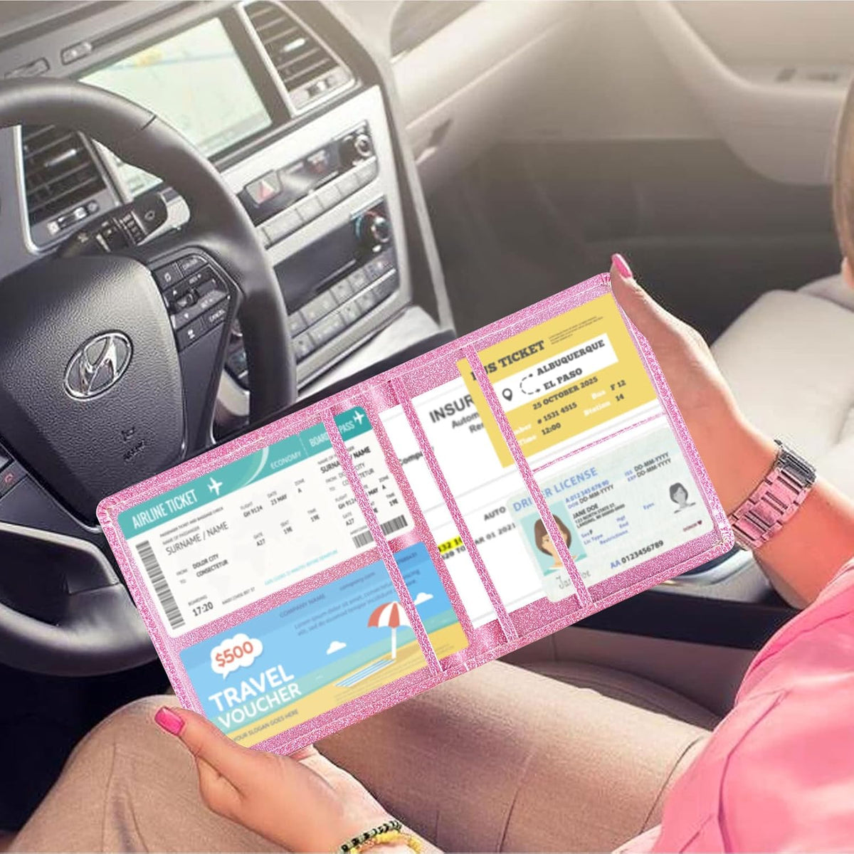 Car Registration and Insurance Card Holder - Leather Vehicle Glove Box Automobile Documents Paperwork Wallet Case Organizer for ID, Driver's License, Key, Cards - Car Accessories for Women&Men