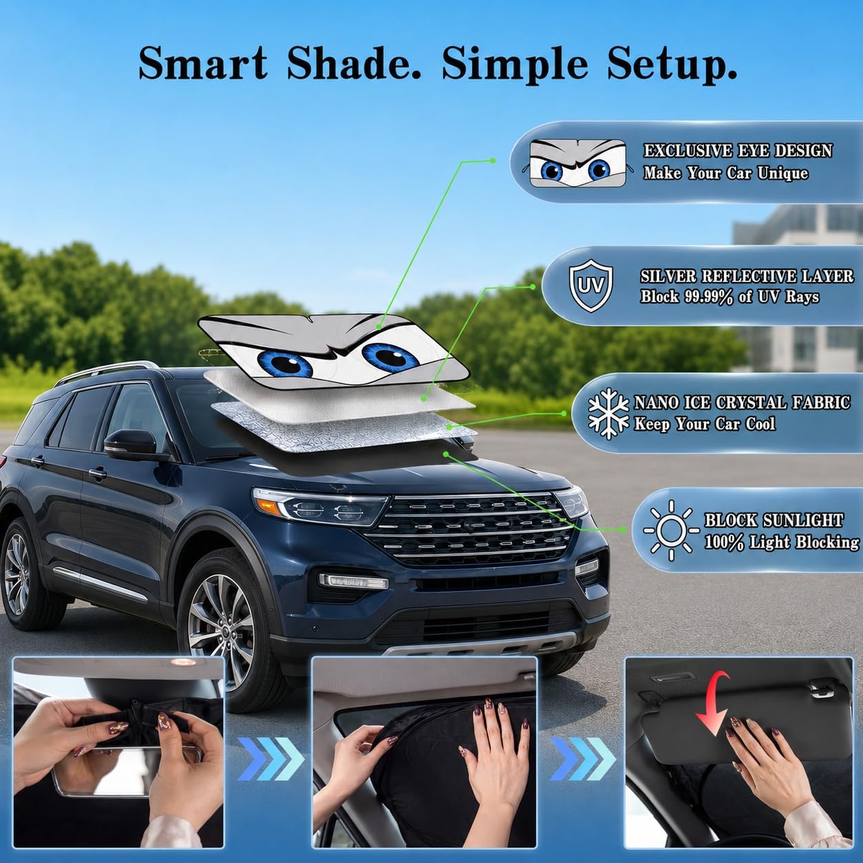 Car Windshield Sun Shade, Funny Cartoon Eyes Sun Visor for Car Windshield Universal Fits Sedan Compact Car Hatchback SUV, UV Heat Protection - 59 x 27.5