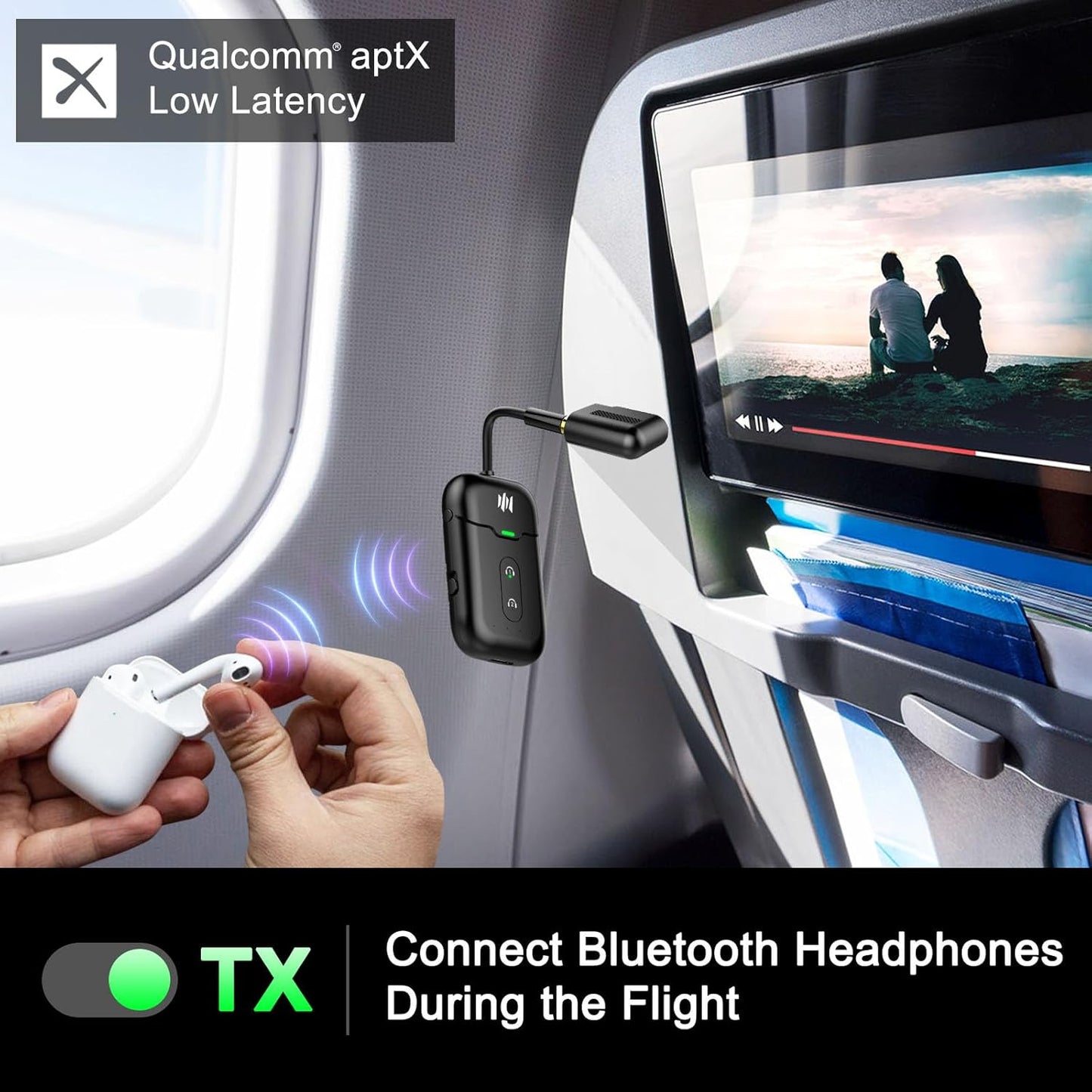 Premium Airplane Bluetooth 5.4 Transmitter Adapter,Supports 2 AirPods/Headphones 2-in-1 Bluetooth Transmitter Receiver with aptX Low Latency,Wireless Adapter for Flight,TV,Gym,Tablets Car Stereo