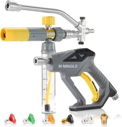 M MINGLE High Pressure Washer Gun with Foam Cannon, Foam Cannon Dual Connector Accessory, Car Wash Foam Gun Kit 1/4 Inch Quick Connector, 5 Pressure Washer Nozzle Tips