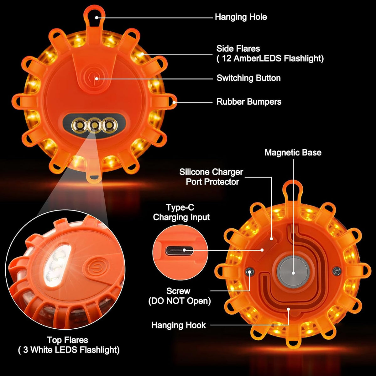 Tobfit 6 Pack LED Road Flares Emergency Lights Roadside Safety Beacon Disc Flashing Warning Flare Kit with Magnetic Base & Hook for Car Truck Boats | 9 Flash Modes (Batteries Not Included) (6)