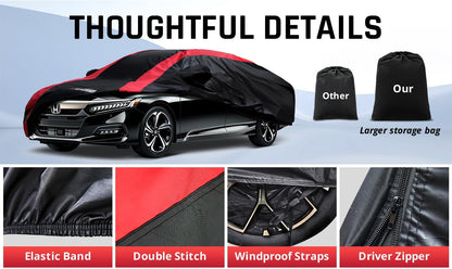 Car Cover Waterproof All Weather Protection with Red Stripe Design, Universal Fit Toyota Camry Solara, Ford Fusion, Kia Stinger Optima, Nissan Maxima, VW Passat, Subaru Legcy