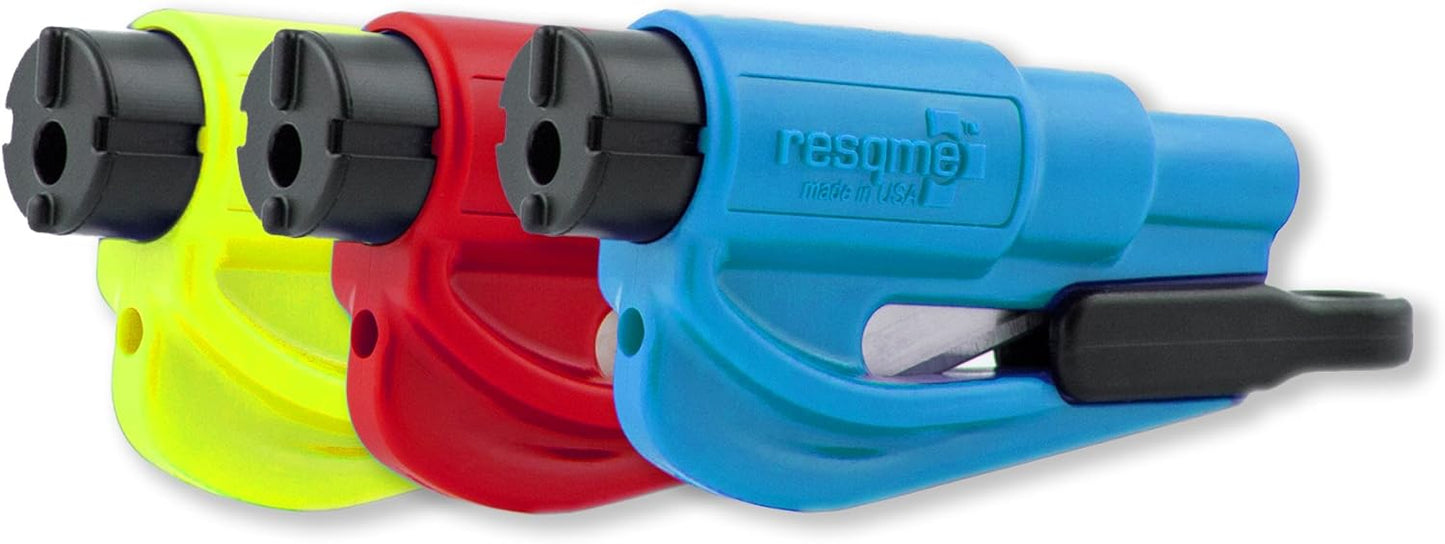 RESQME The Original Emergency Keychain Car Escape Tool, 2-in-1 Seatbelt Cutter and Window Breaker, Made in USA, Family Pack of 3 - Blue, Pink, Yellow -Compact Emergency Hammer
